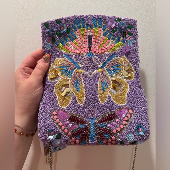 Handcrafted beaded sequin from India to you butterfly clutch bag w chain viral - Picture 3 of 5